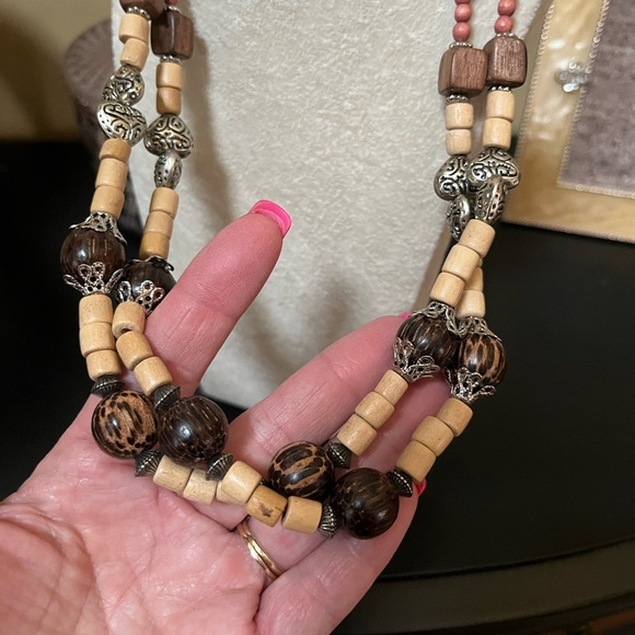 Vintage Silver Brown beaded Necklace Adjustable Closure Bohemian - Picture 7 of 12